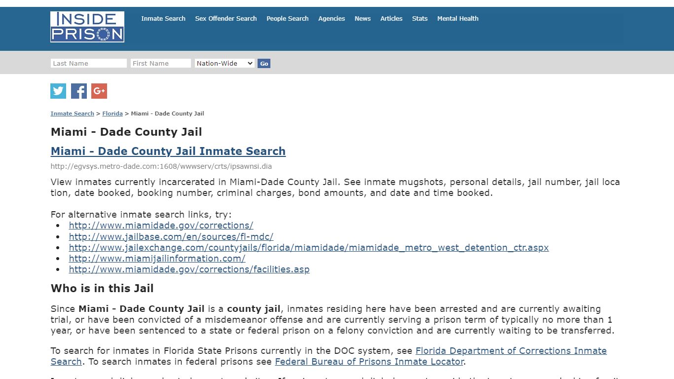 Miami - Dade County Jail - Florida - Inmate Search